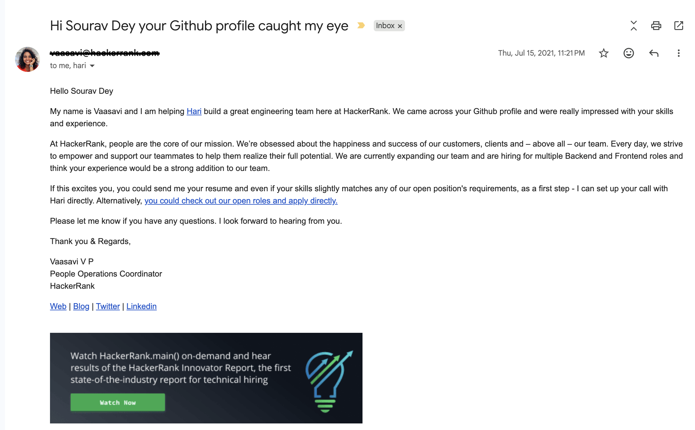 The first recruiter email from HackerRank, July 2021, with the subject line "Hi Sourav Dey your Github profile caught my eye"