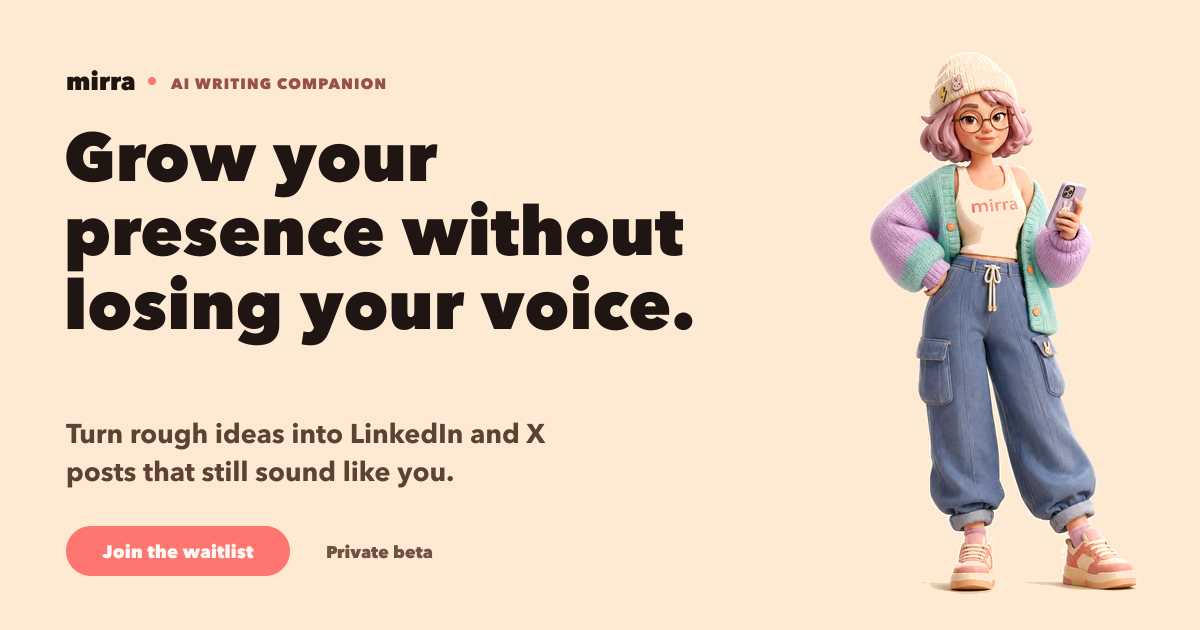 Mirra landing page Open Graph image for an AI writing companion with the headline grow your presence without losing your voice