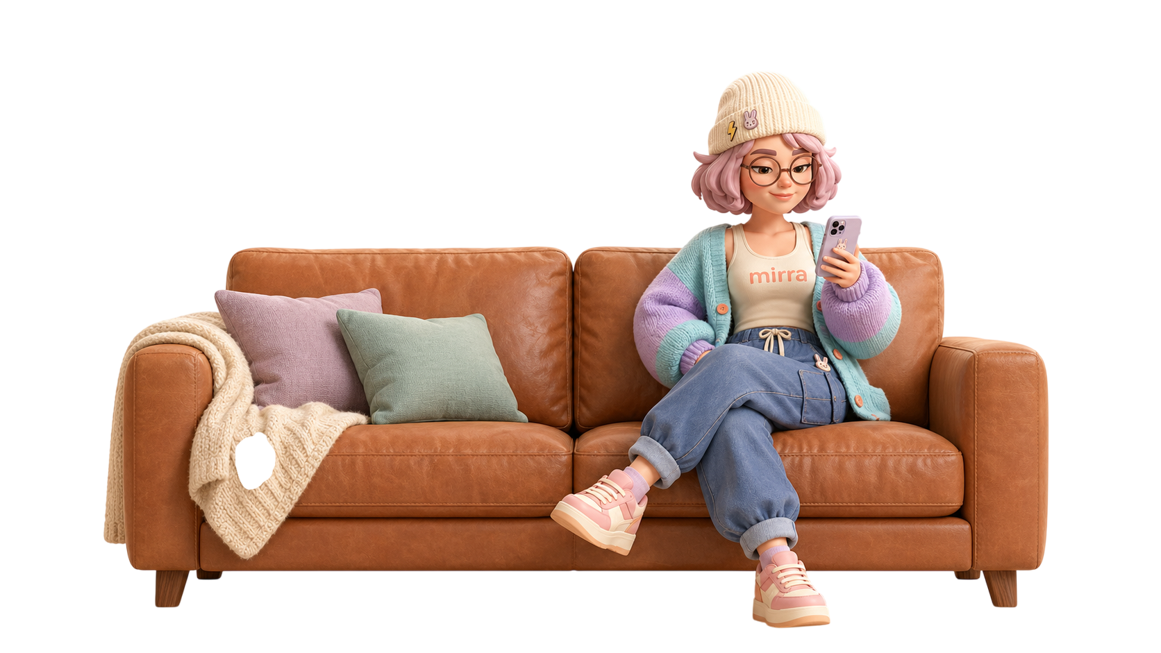 Mirra AI writing companion sitting cross legged on a sofa and looking at a phone for the landing page hero scene