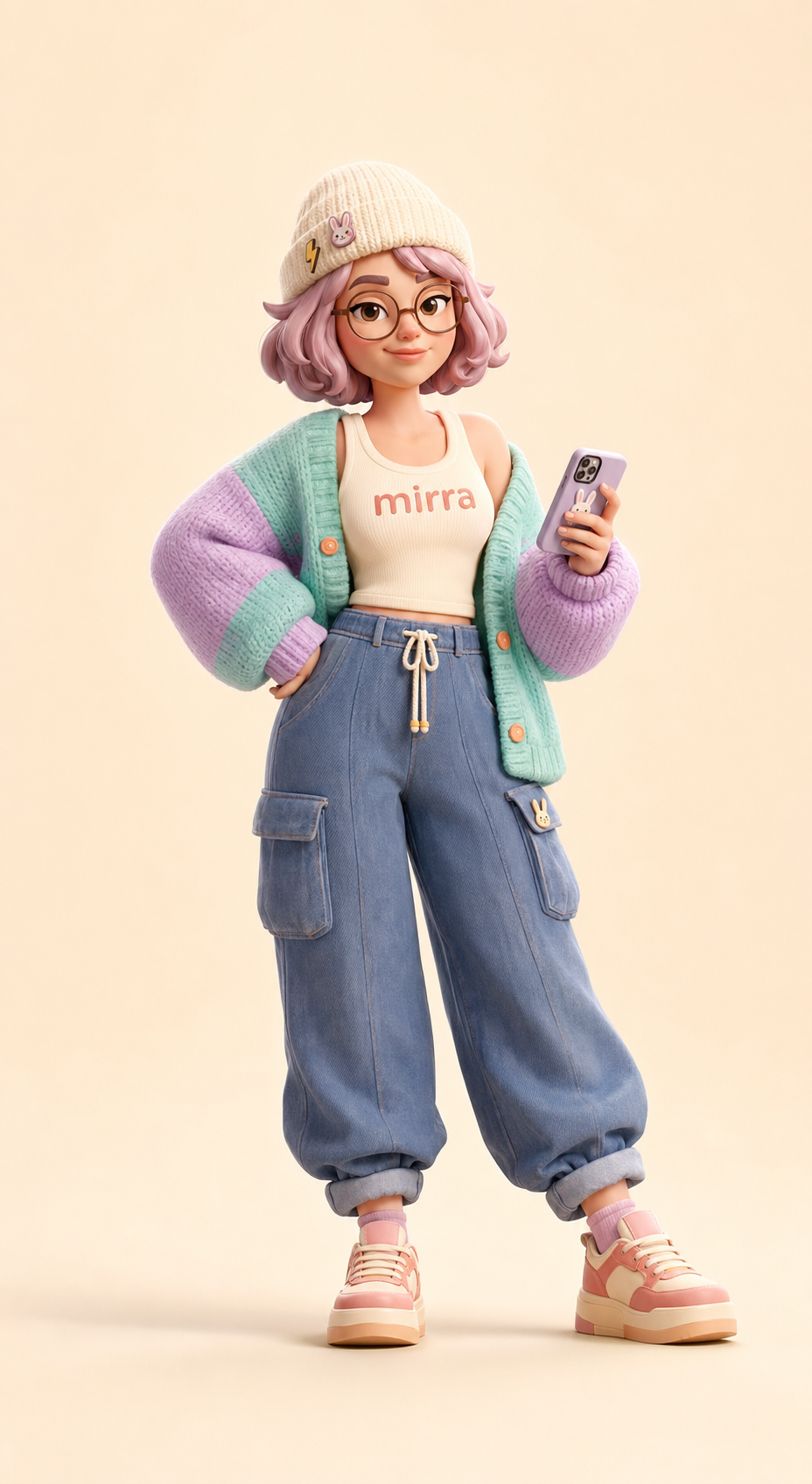 Full body standing Mirra AI mascot design created with Gemini Nano Banana 2 for the landing page concept