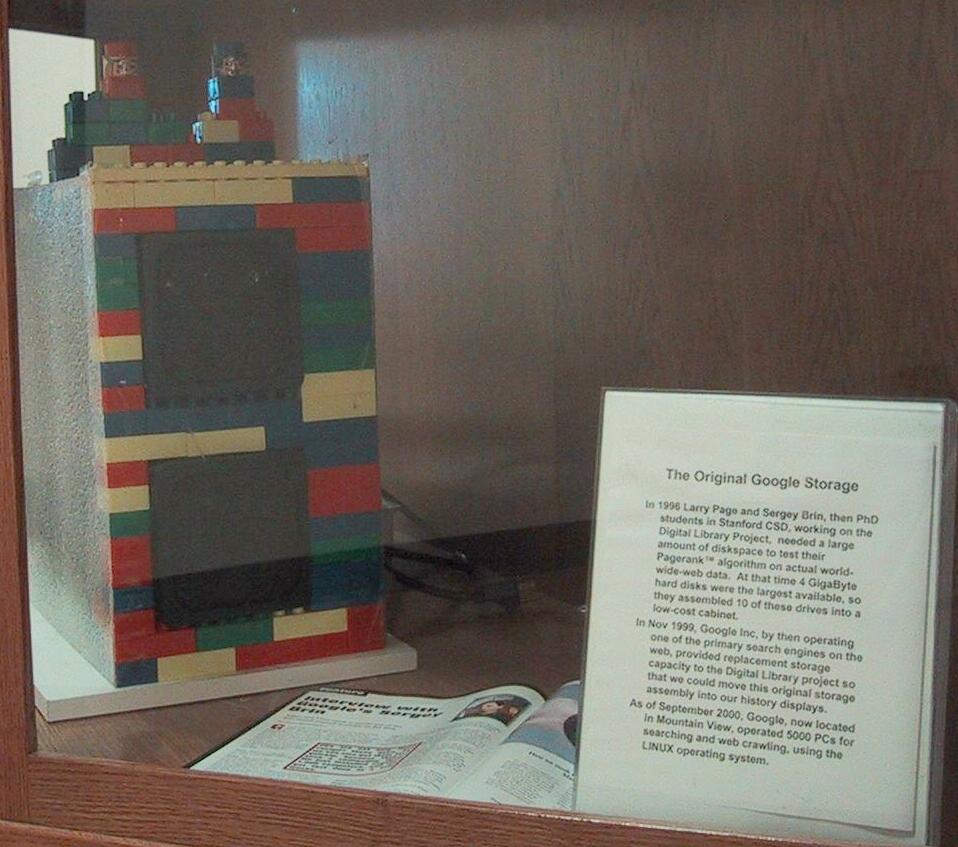 The Original Google Storage built with LEGO bricks at Stanford, housing 10 hard drives in a colorful LEGO casing